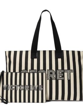 NWT VICTORIA'S SECRET BLACK IVORY STRIPE LOGO ZIPPER TOTE BAG AND WRISTLET